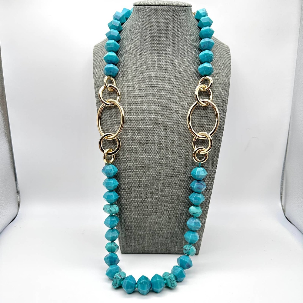 NRQ Long Faux Turquoise Gold Tone Beaded Necklace